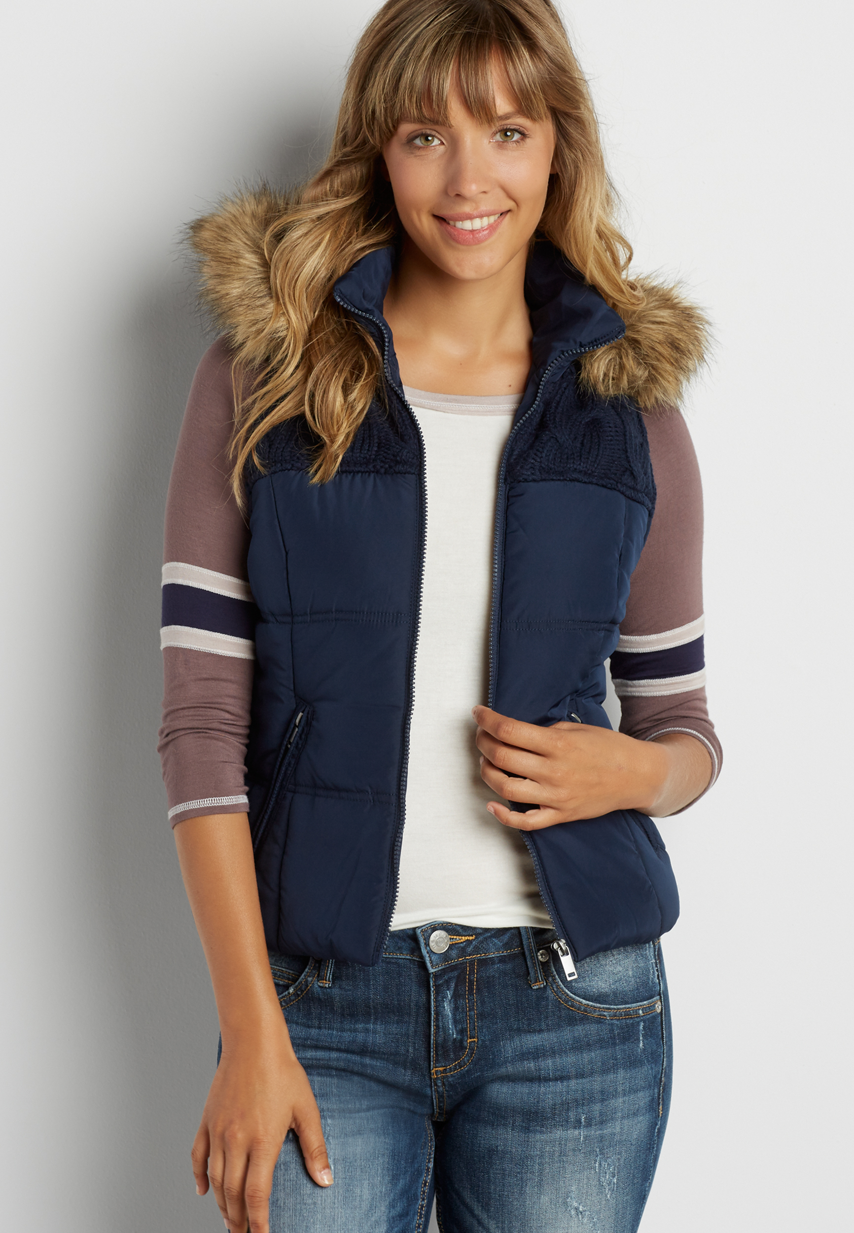 puffer vest with cable knit yoke in blue maurices