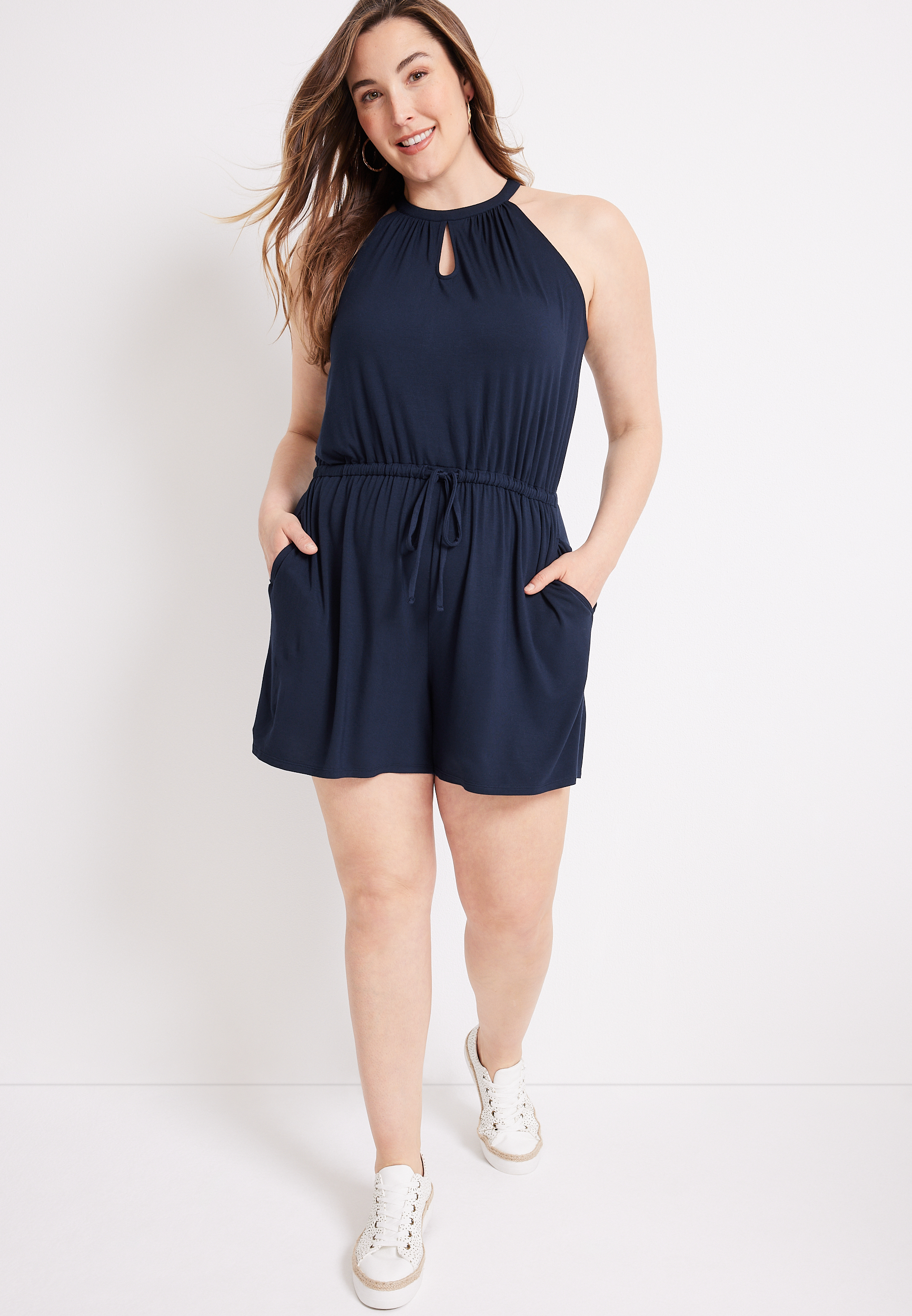 Plus Size 24/7 Keyhole Halter Neck Romper, C1919, large