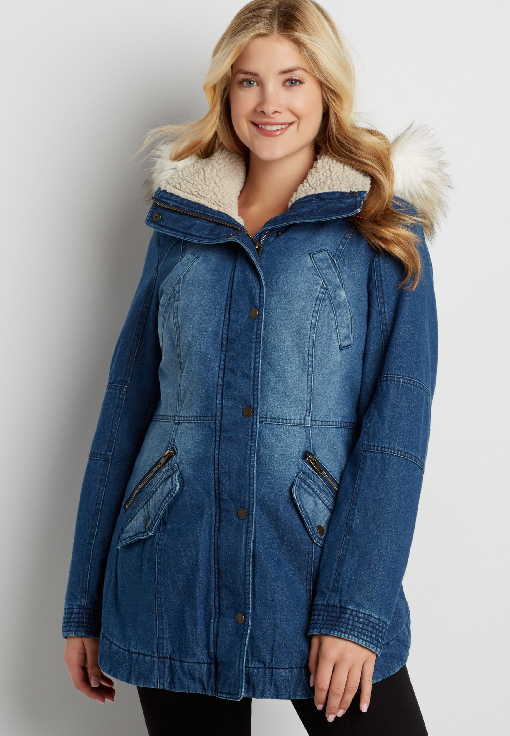 denim coat with faux shearling and faux fur trimmed hood | maurices