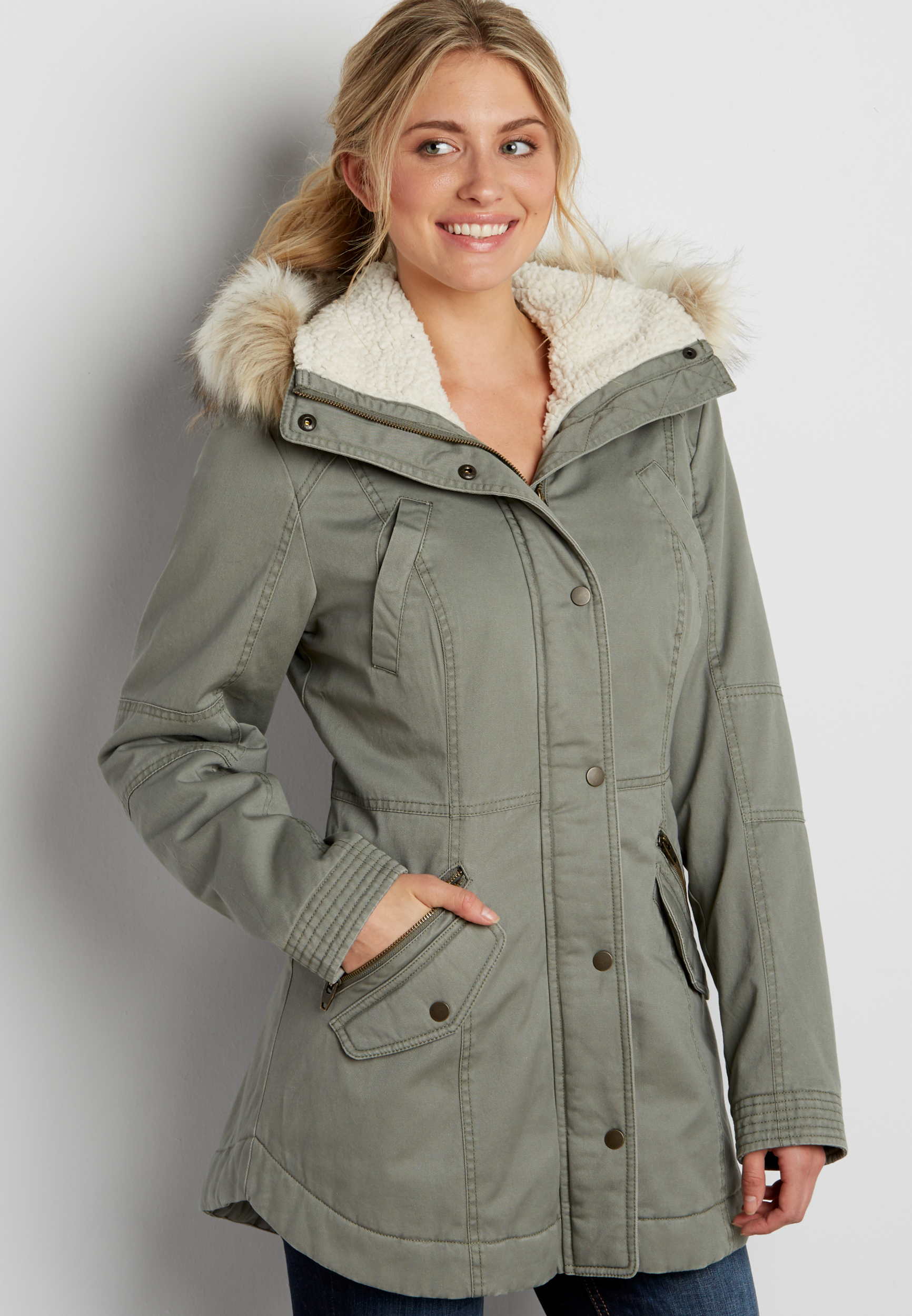 anorak coat with faux fur trimmed hood | maurices