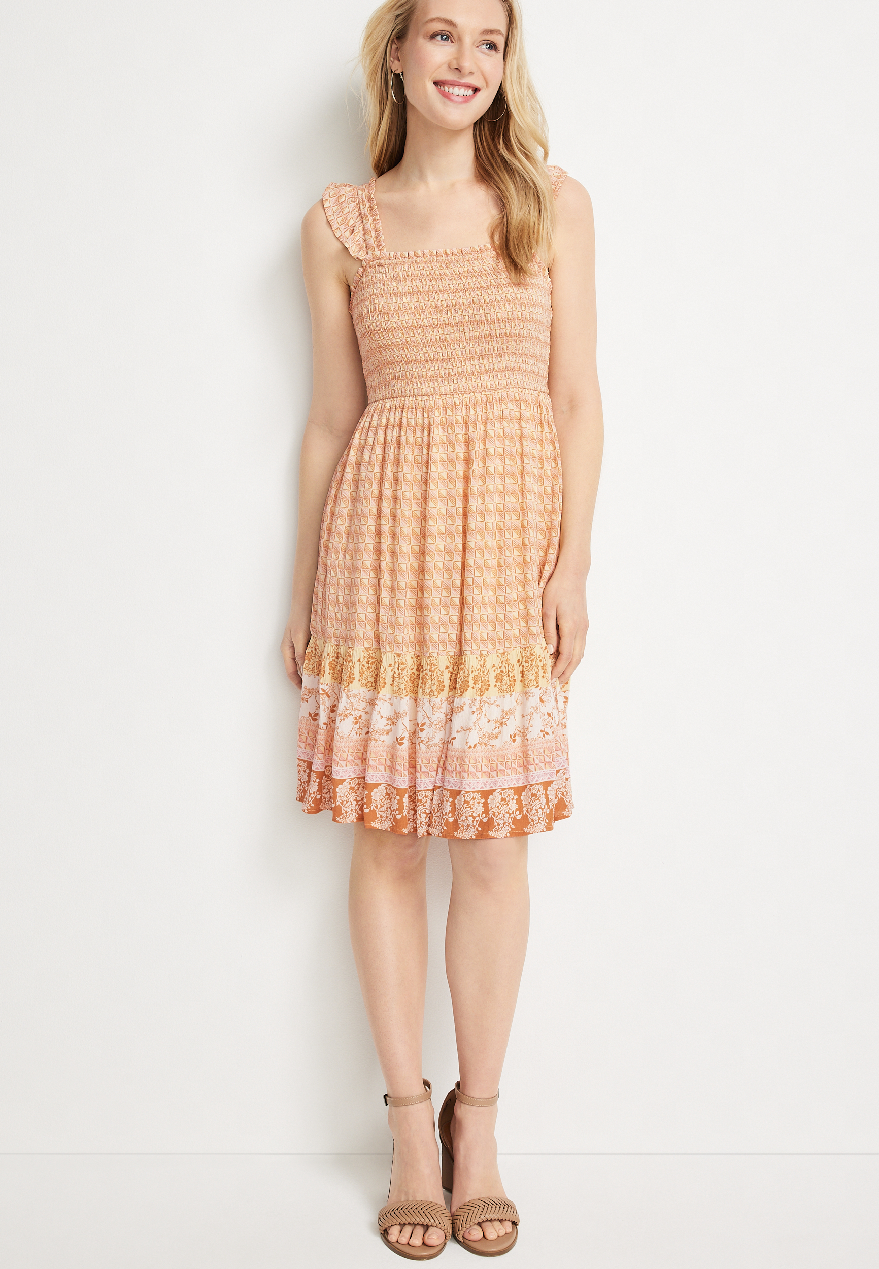 Floral Mixed Print Smocked Mini Dress