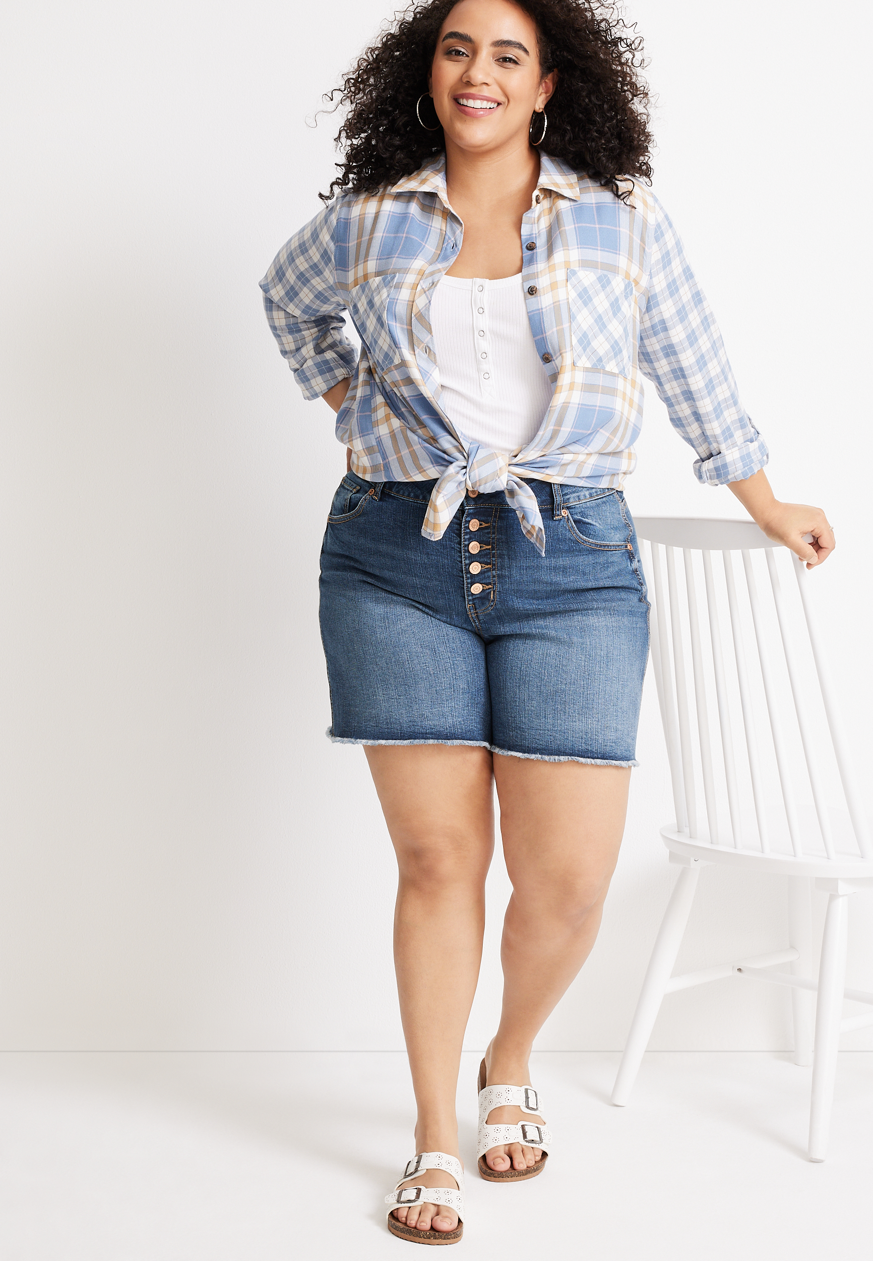 Plus Size m jeans by maurices&trade; High Rise Button Fly 6in Short, MEDIUM SANDBLAST, large