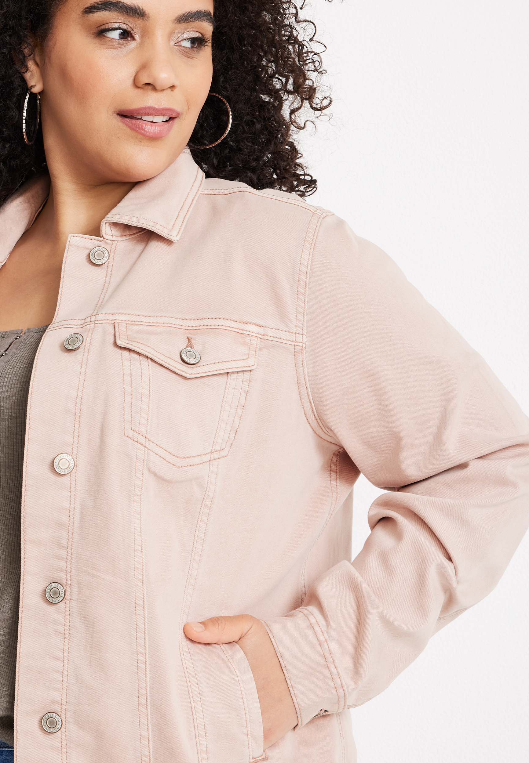 Plus Size Soft Pink Denim Jacket, , large