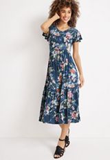 24/7 Floral Flutter Sleeve Tiered Midi Dress, WASHED NAVY COMBO, small