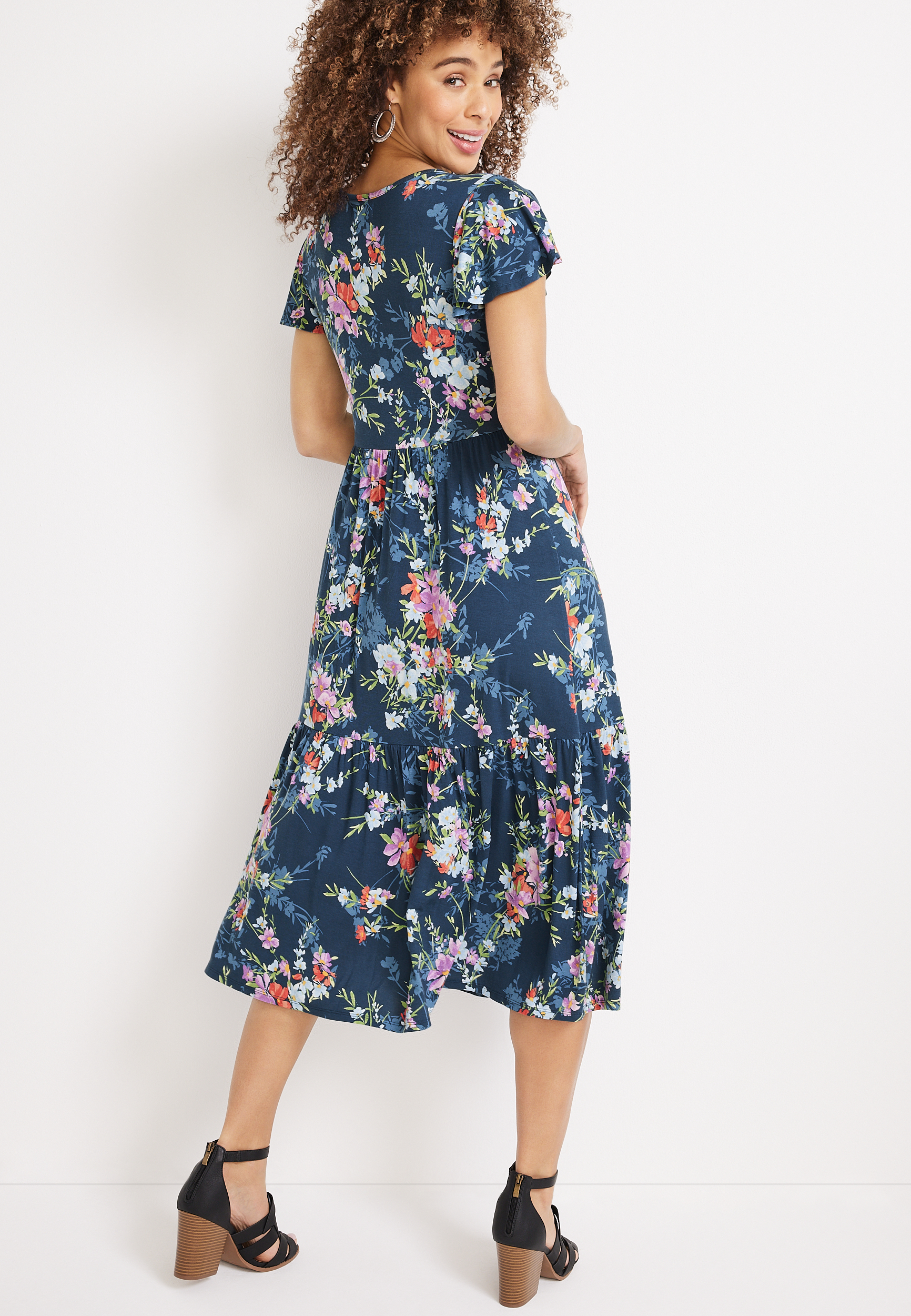 24/7 Floral Flutter Sleeve Tiered Midi Dress, WASHED NAVY COMBO, large