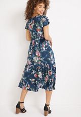 24/7 Floral Flutter Sleeve Tiered Midi Dress, WASHED NAVY COMBO, small