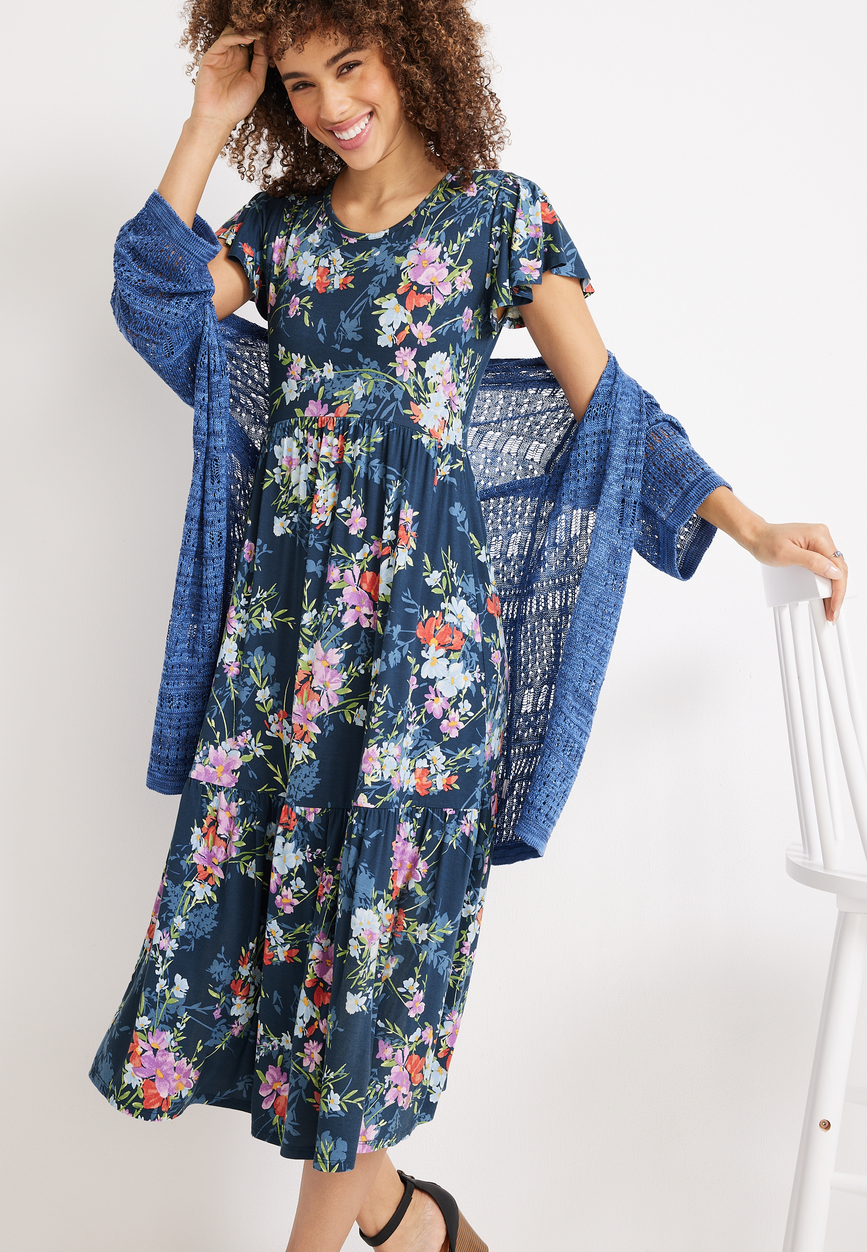 24/7 Floral Flutter Sleeve Tiered Midi Dress, WASHED NAVY COMBO, large
