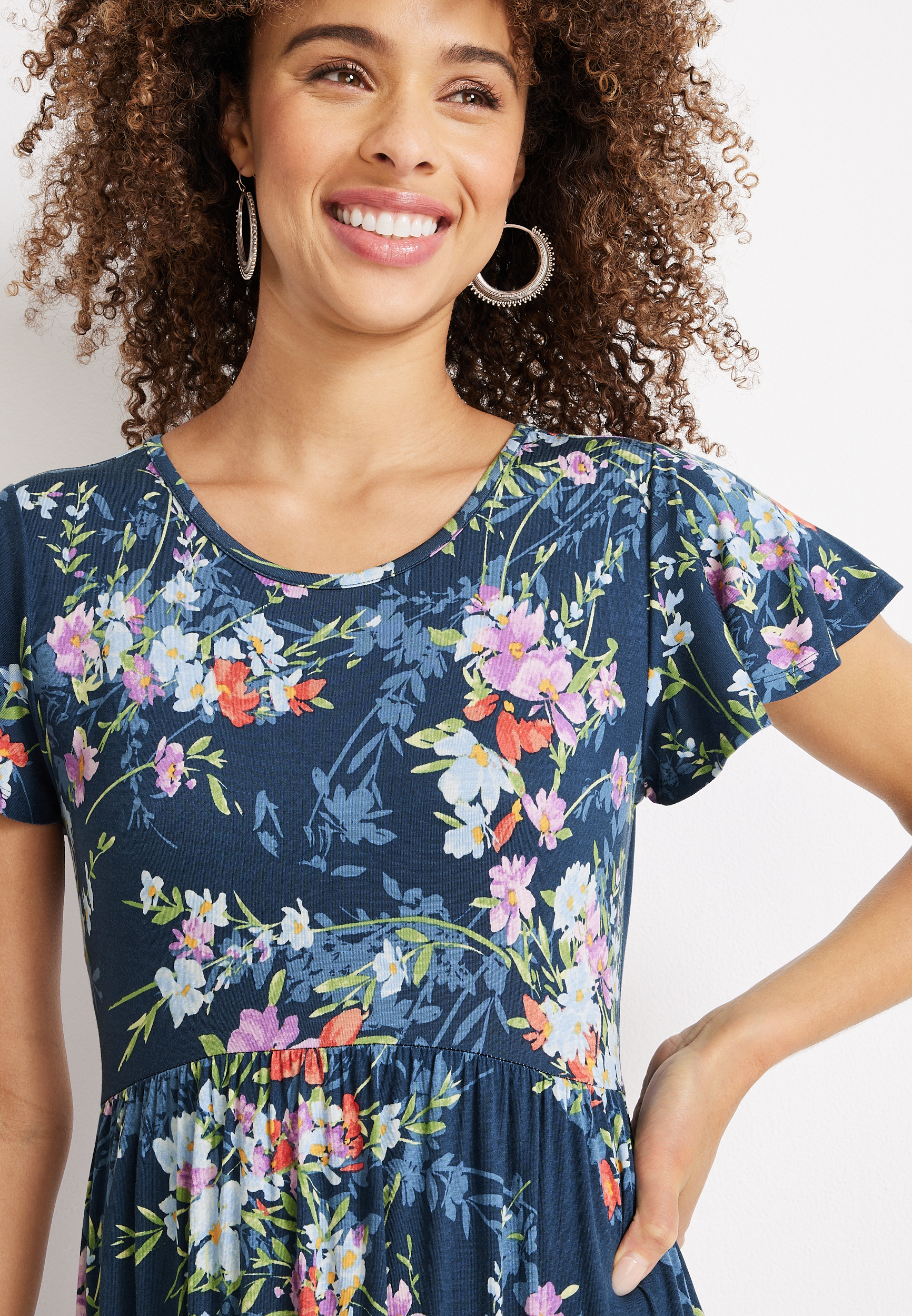 24/7 Floral Flutter Sleeve Tiered Midi Dress, WASHED NAVY COMBO, large