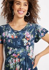 24/7 Floral Flutter Sleeve Tiered Midi Dress, WASHED NAVY COMBO, small