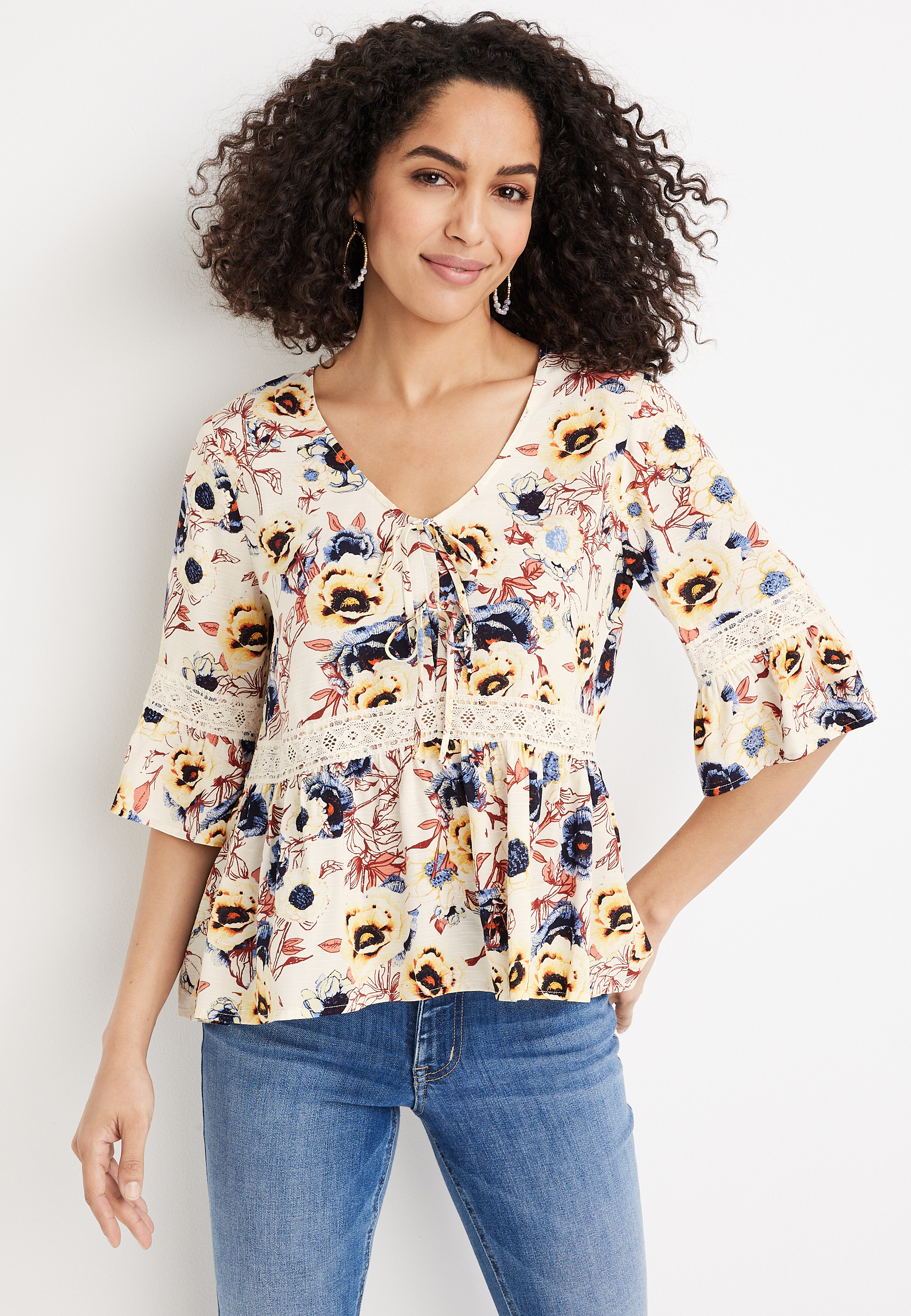 Tie Front White Floral Crochet Top | maurices
