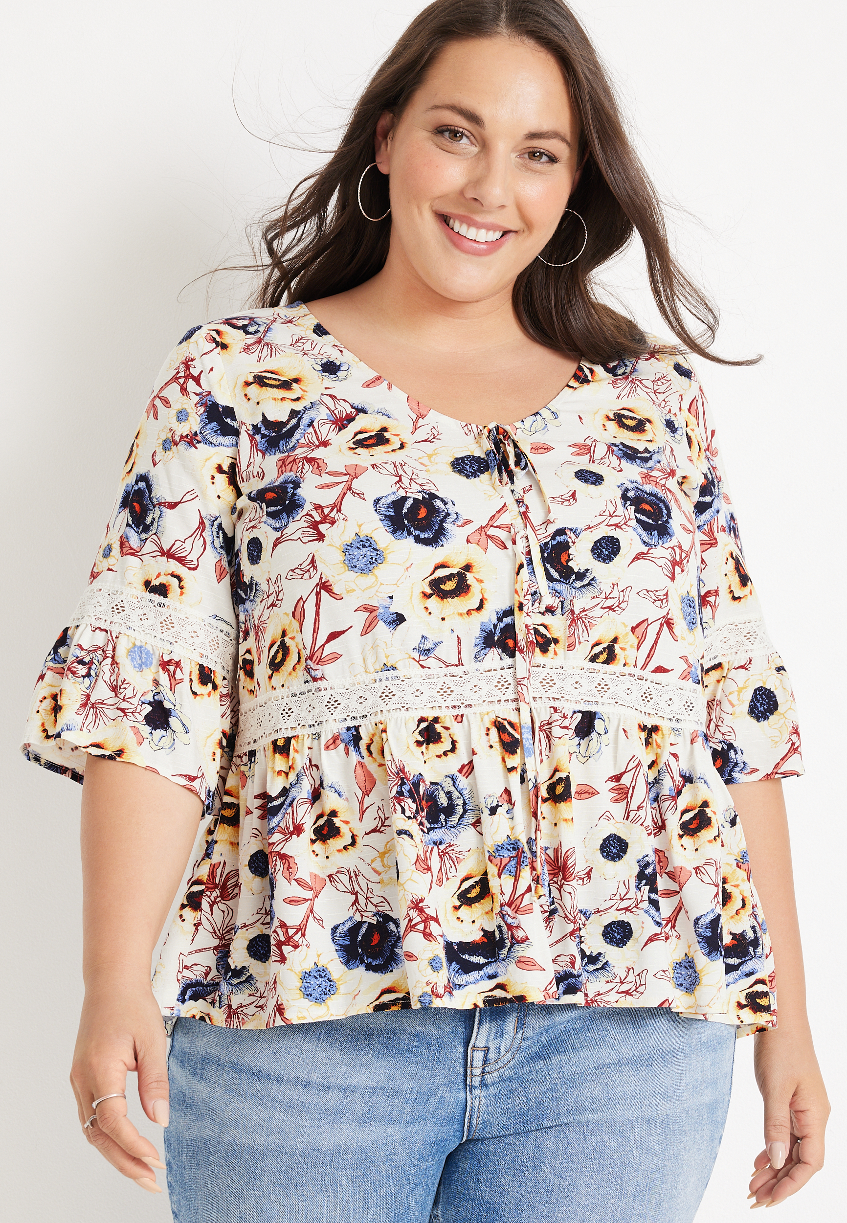 Plus Size Tie Front White Floral Crochet Top | maurices