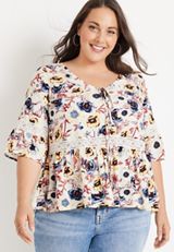 Plus Size Tie Front White Floral Crochet Top, ECRU COMBO, small
