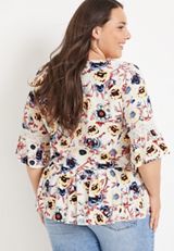 Plus Size Tie Front White Floral Crochet Top, ECRU COMBO, small