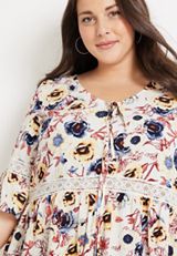 Plus Size Tie Front White Floral Crochet Top, ECRU COMBO, small