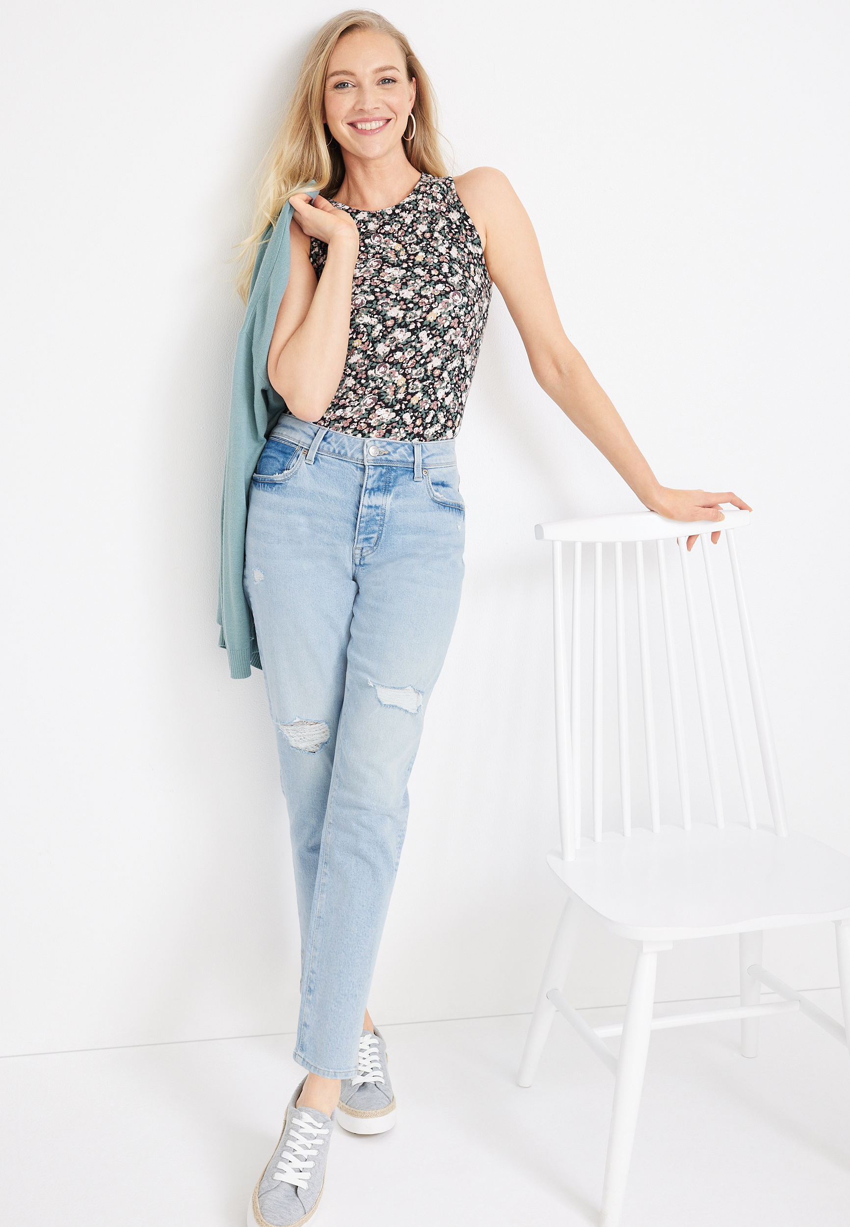 m jeans by maurices&trade; Tapered High Rise Ripped Jean, LIGHT SANDBLAST, large