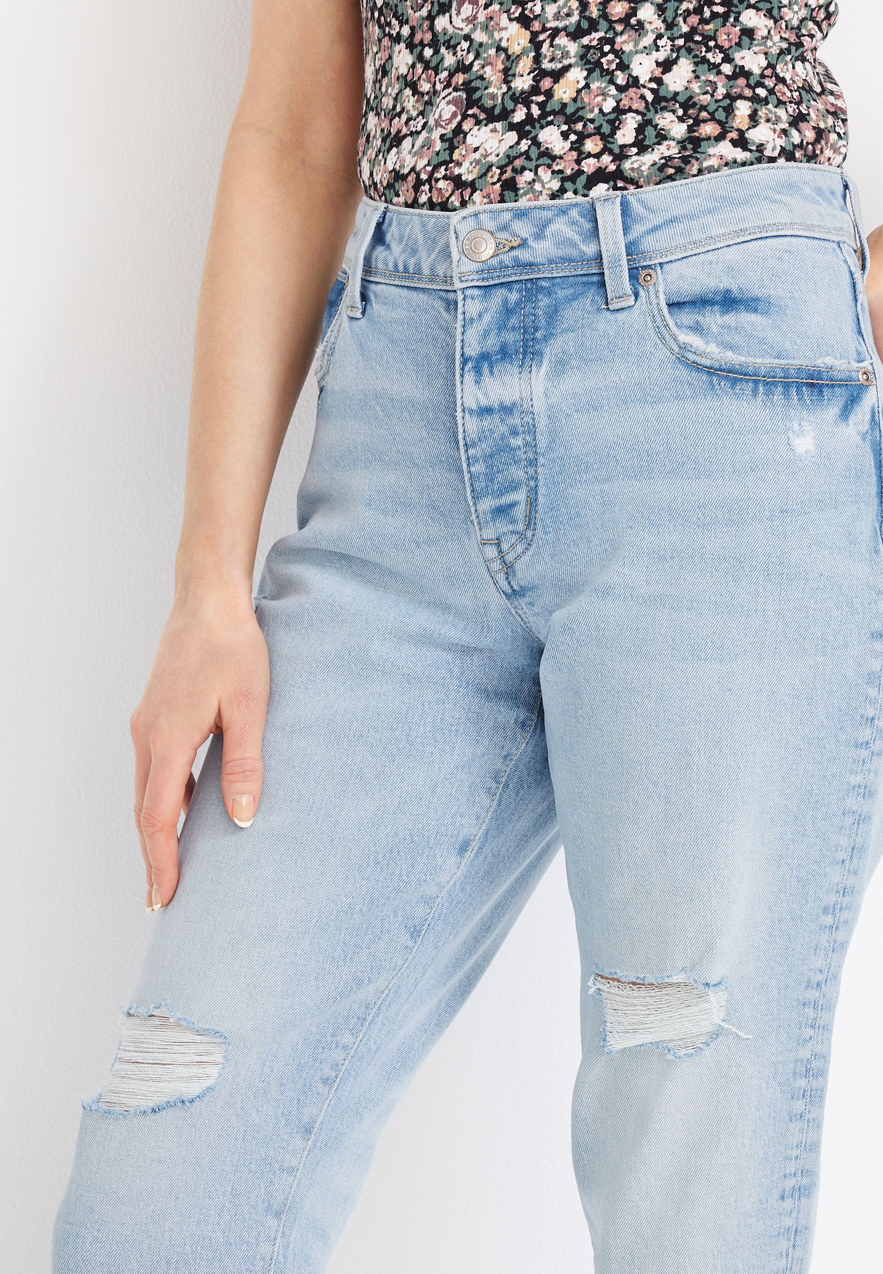 m jeans by maurices&trade; Tapered High Rise Ripped Jean, LIGHT SANDBLAST, large