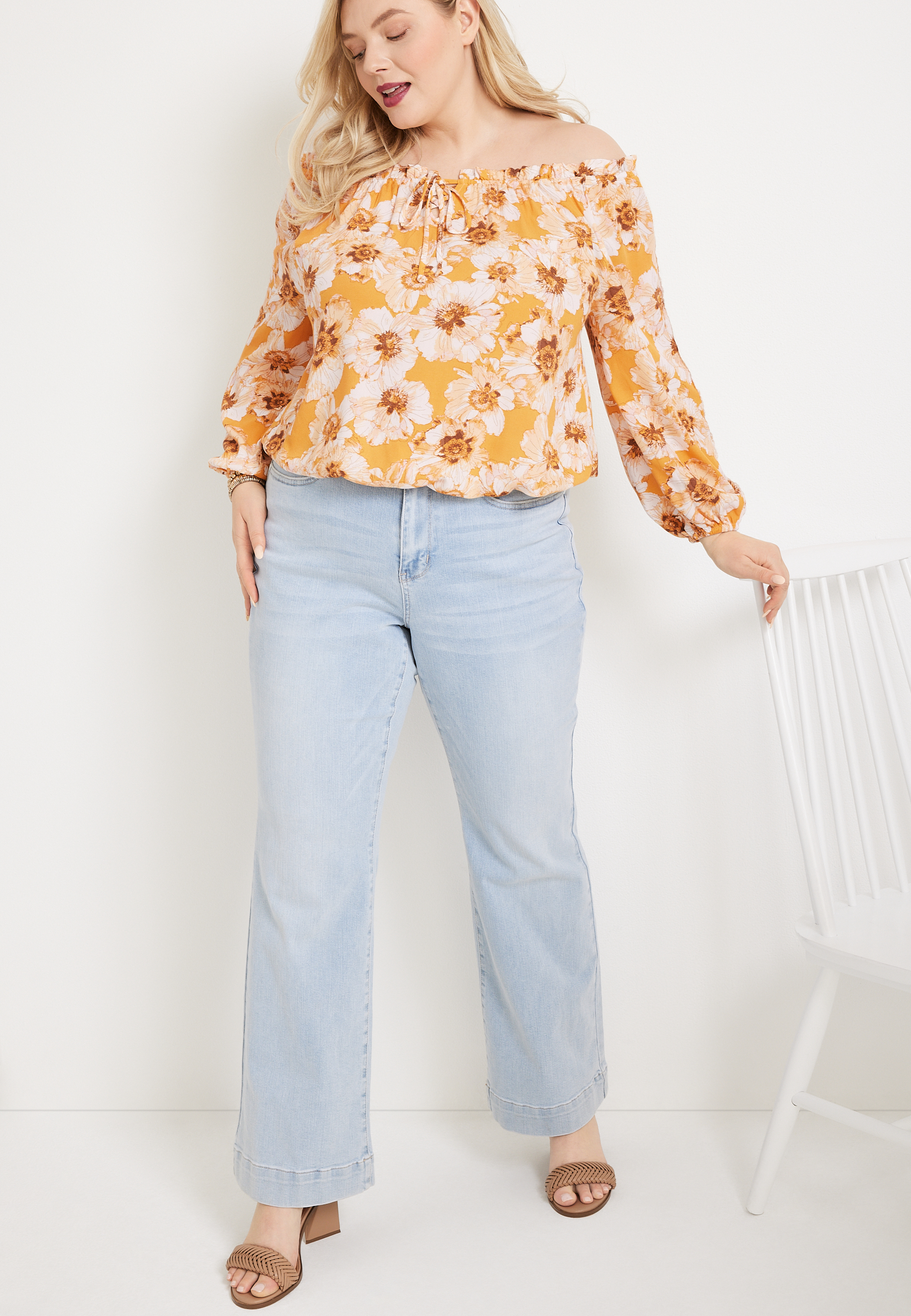 Plus Size Floral Off The Shoulder Blouse, C8319, large