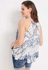 Patchwork Scarf Halter Neck Tank Top, C1772, small