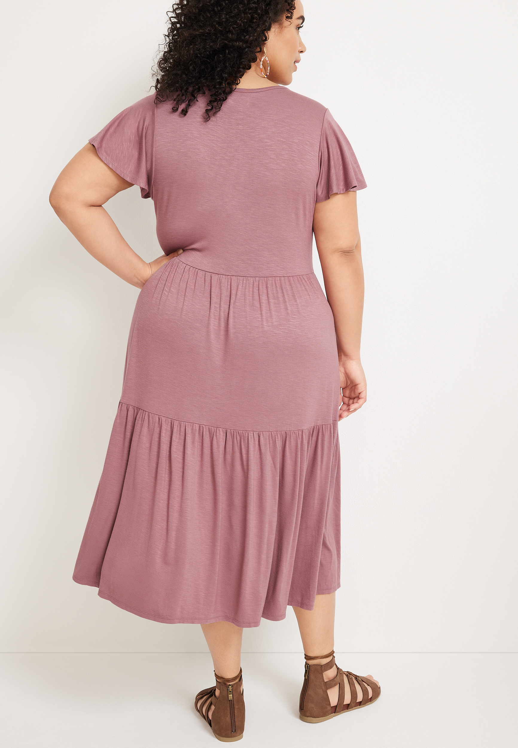 24/7 Plus Size Solid Flutter Sleeve Tiered Midi Dress, C7081, large