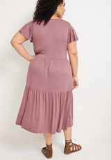 24/7 Plus Size Solid Flutter Sleeve Tiered Midi Dress, C7081, small
