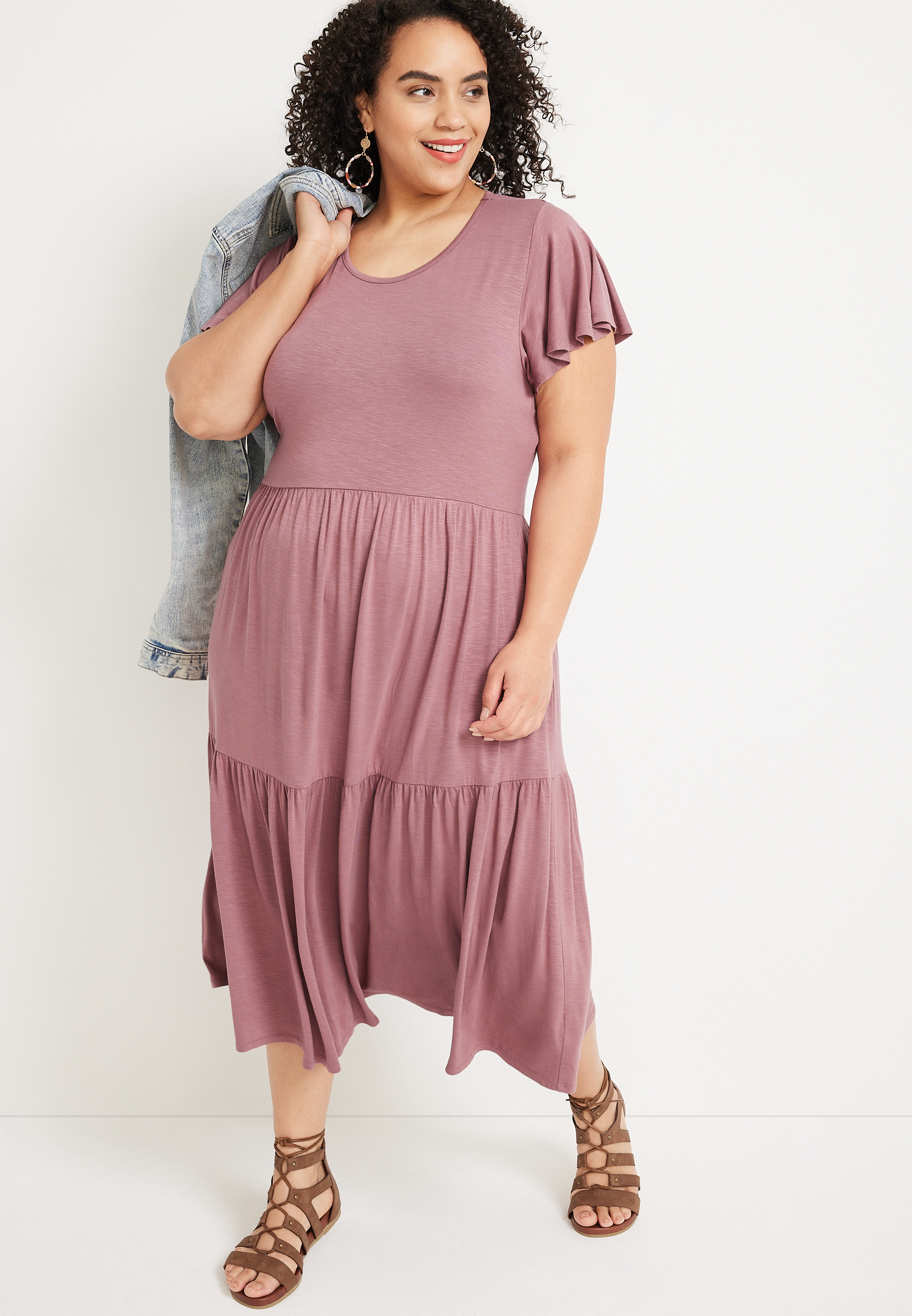 24/7 Plus Size Solid Flutter Sleeve Tiered Midi Dress, C7081, large