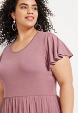 24/7 Plus Size Solid Flutter Sleeve Tiered Midi Dress, C7081, small