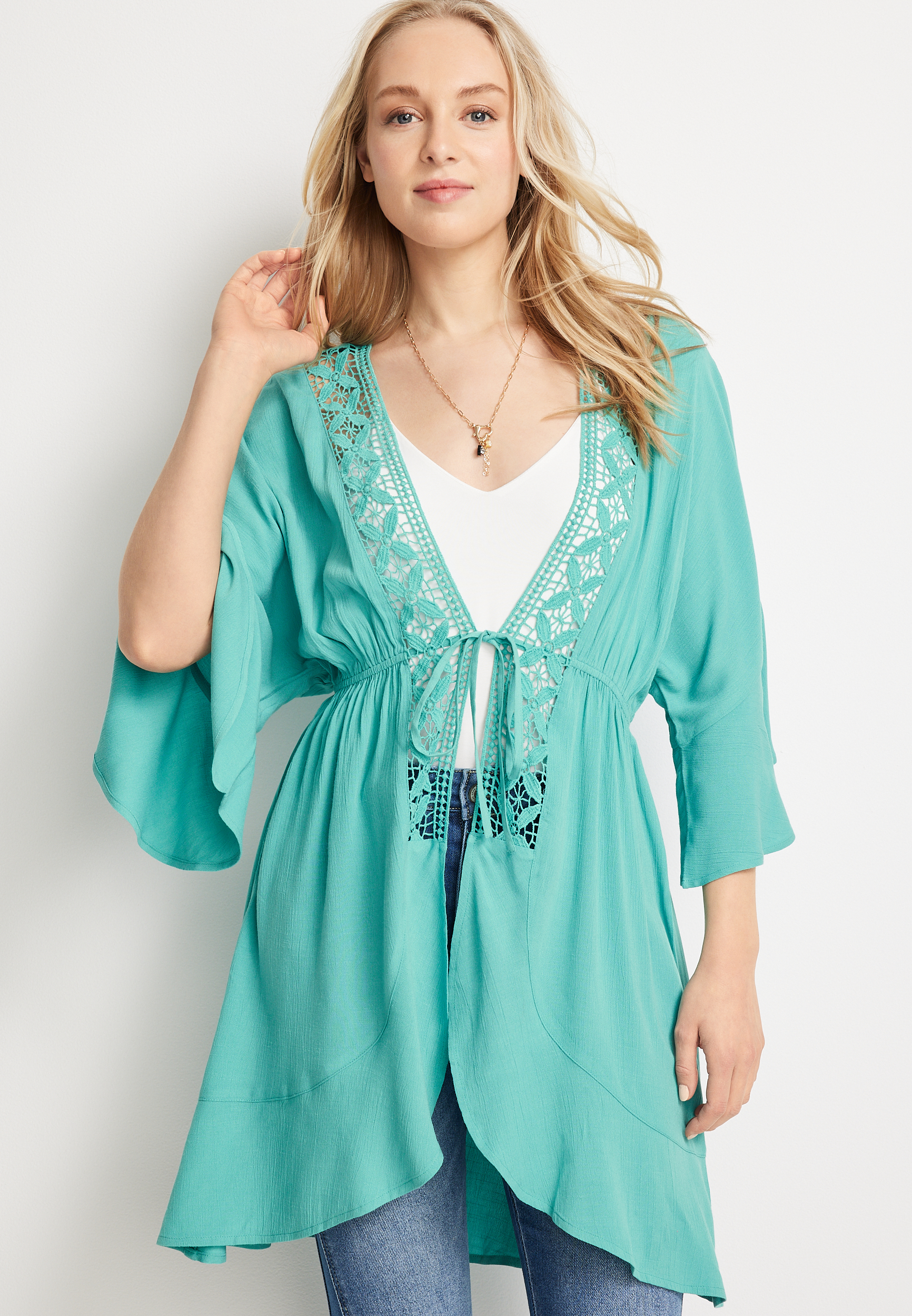 Front Tie Crochet Trim Kimono