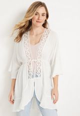 Front Tie Crochet Trim Kimono, C4673, small