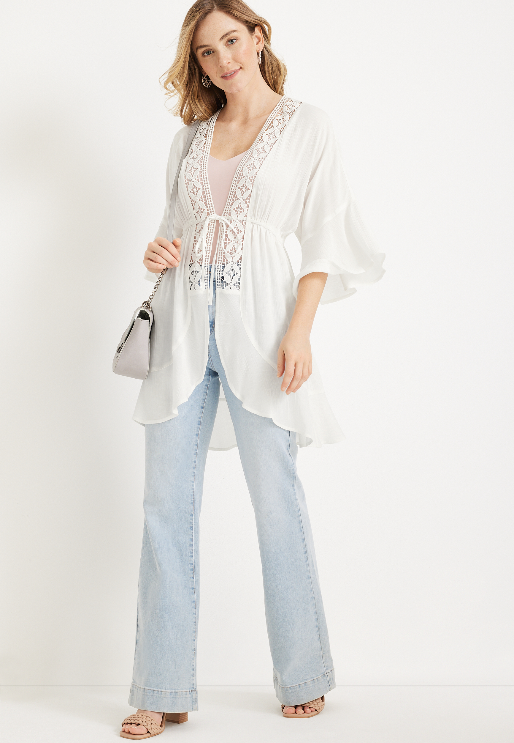 Front Tie Crochet Trim Kimono, C4673, large