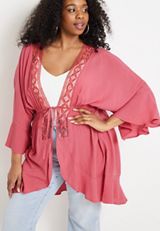 Plus Size Front Tie Crochet Trim Kimono, C6301, small