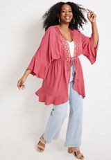 Plus Size Front Tie Crochet Trim Kimono, C6301, small