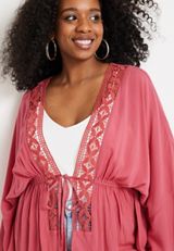 Plus Size Front Tie Crochet Trim Kimono, C6301, small