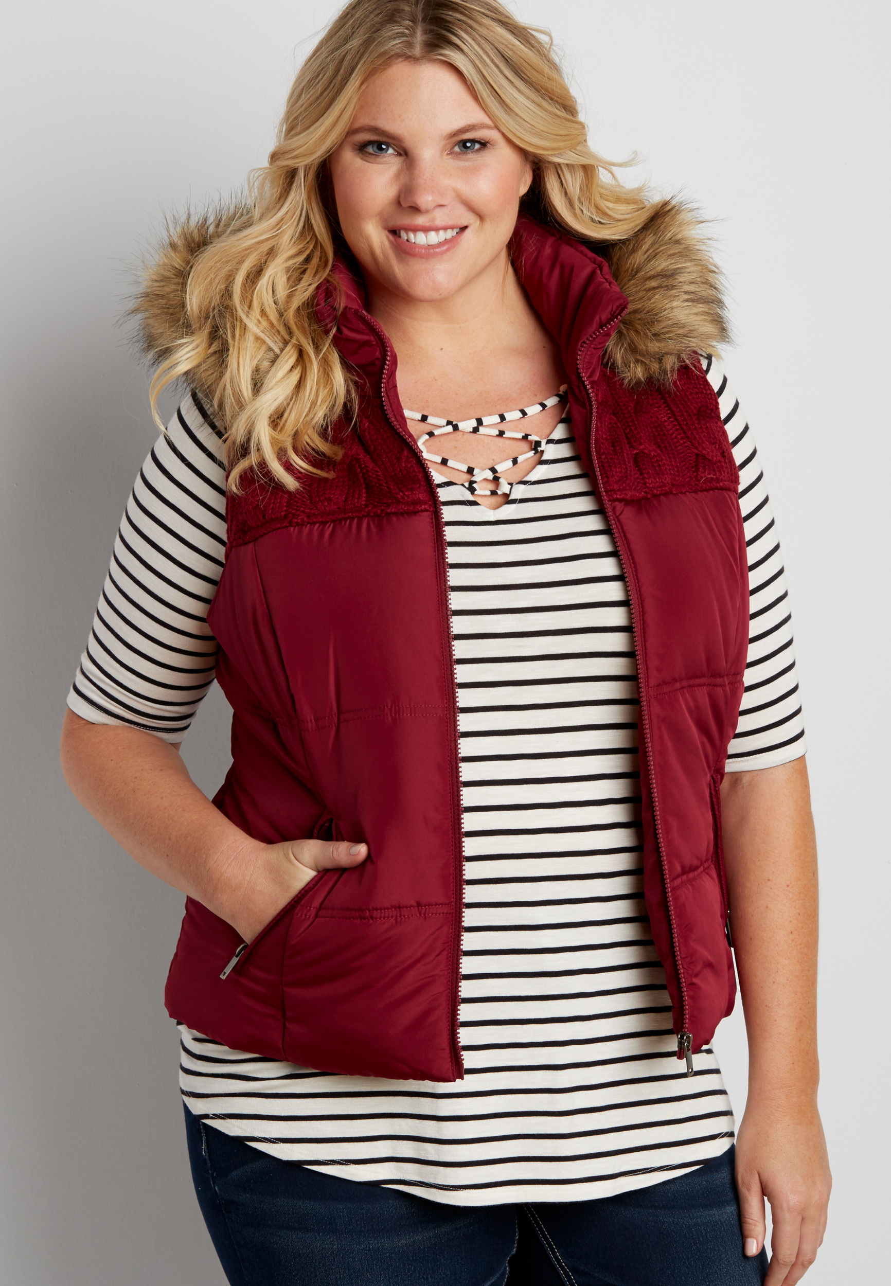 plus size puffer vest with cable knit yoke maurices