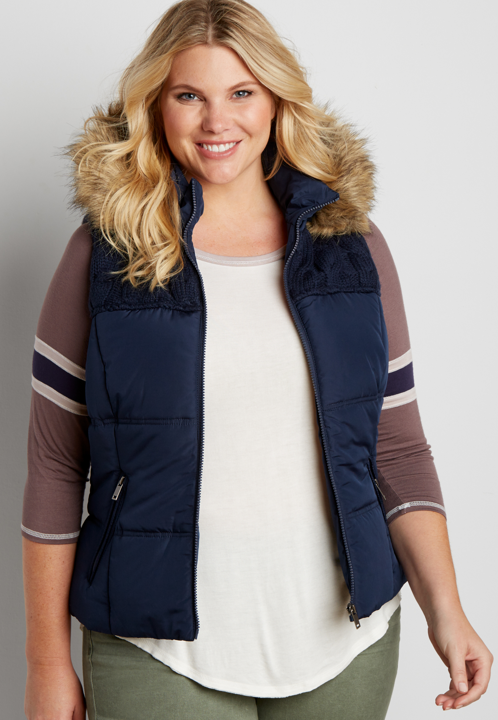 plus size puffer vest with cable knit yoke in blue maurices