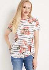 24/7 Austin Striped Floral Knot Hem Tee, C2380, small