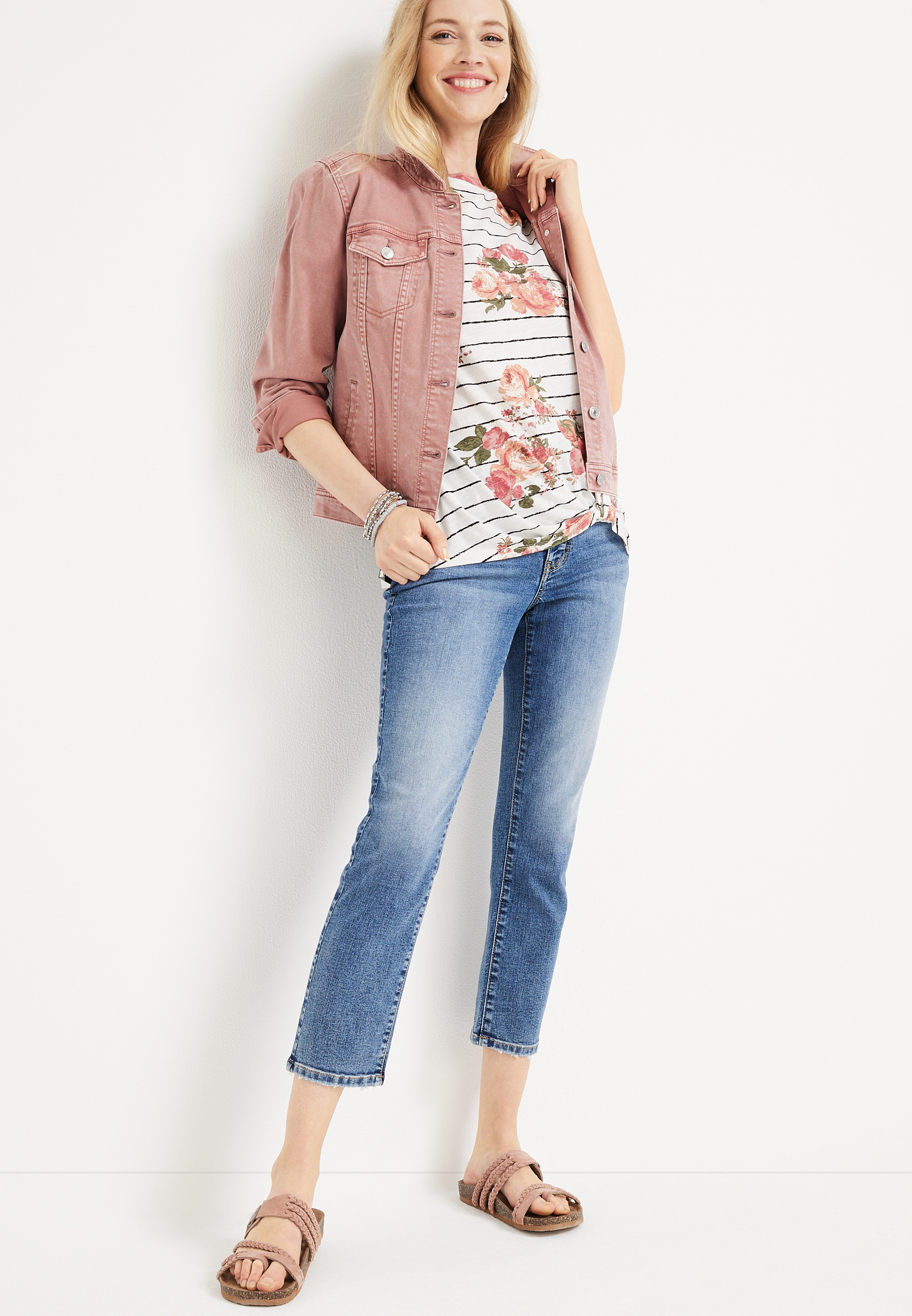 24/7 Austin Striped Floral Knot Hem Tee, C2380, large