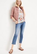 24/7 Austin Striped Floral Knot Hem Tee, C2380, small