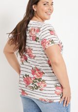 Plus Size 24/7 Austin Striped Floral Knot Hem Tee, SOFT WHITE COMBO, small