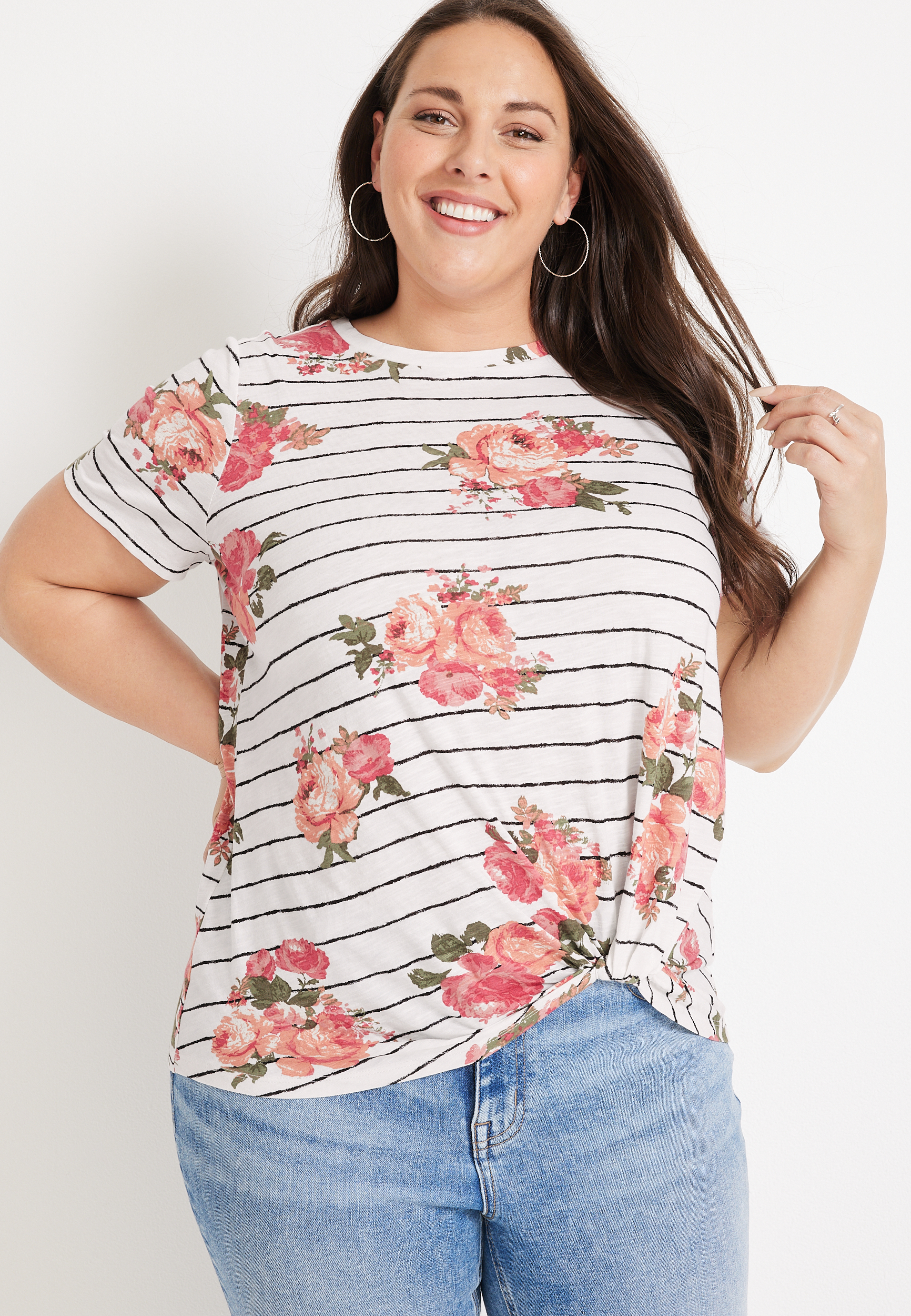 Plus Size 24/7 Austin Striped Floral Knot Hem Tee, SOFT WHITE COMBO, large