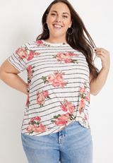 Plus Size 24/7 Austin Striped Floral Knot Hem Tee, SOFT WHITE COMBO, small