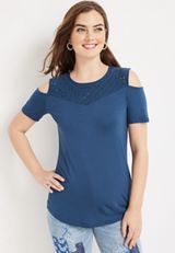 Eyelet Sleeve Cold Shoulder Tee, C5303, small