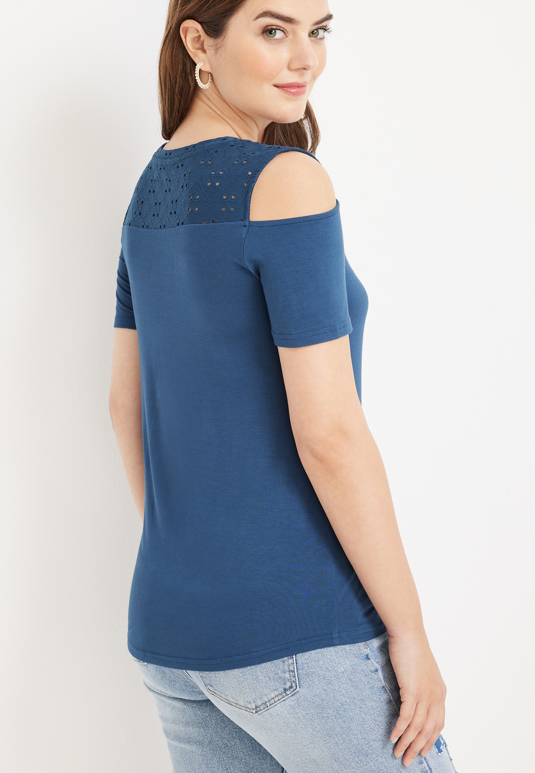 Eyelet Sleeve Cold Shoulder Tee, C5303, large