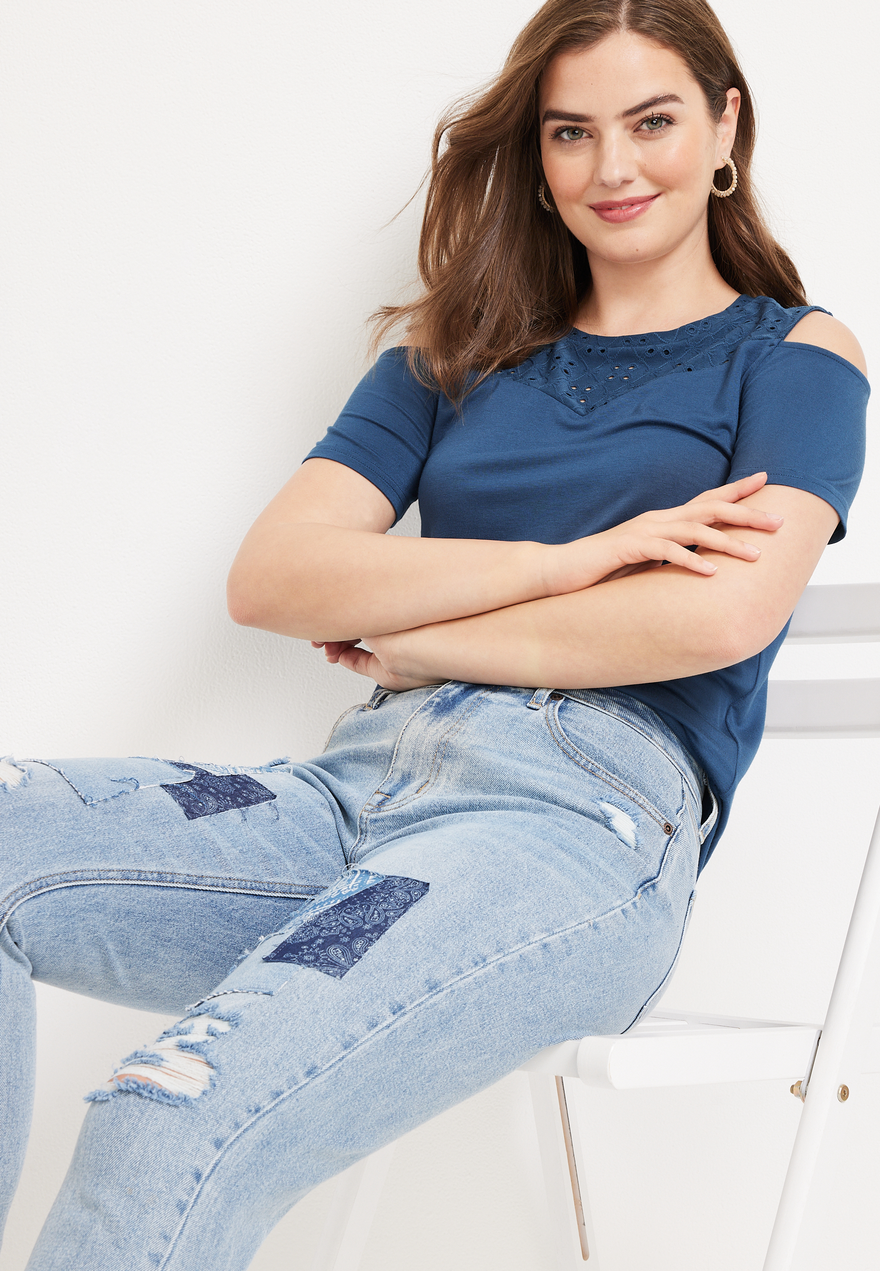 Eyelet Sleeve Cold Shoulder Tee, C5303, large