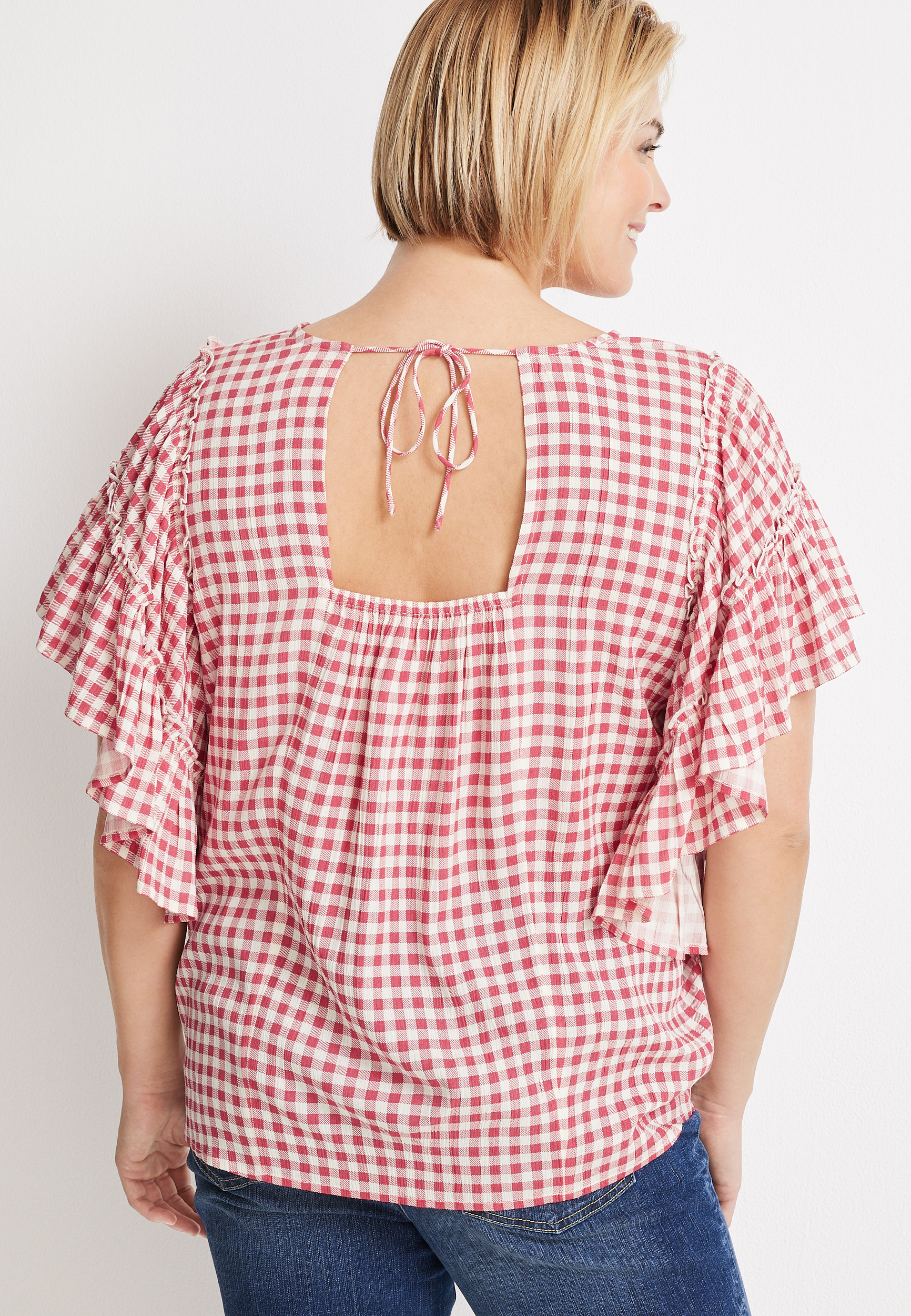 Plus Size Pink Gingham Flutter Sleeve Blouse, C5426, large