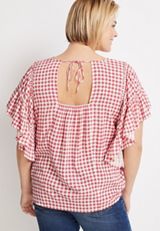 Plus Size Pink Gingham Flutter Sleeve Blouse, C5426, small