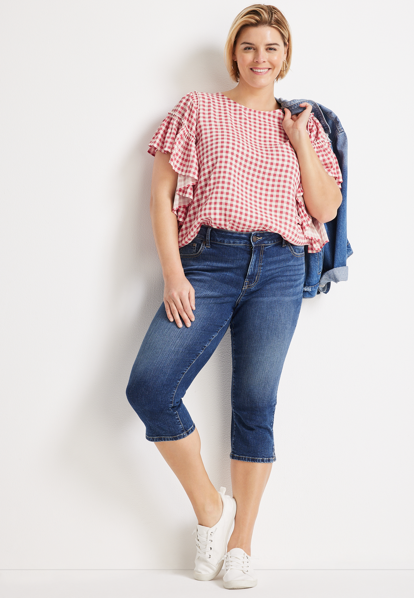 Plus Size Pink Gingham Flutter Sleeve Blouse, C5426, large