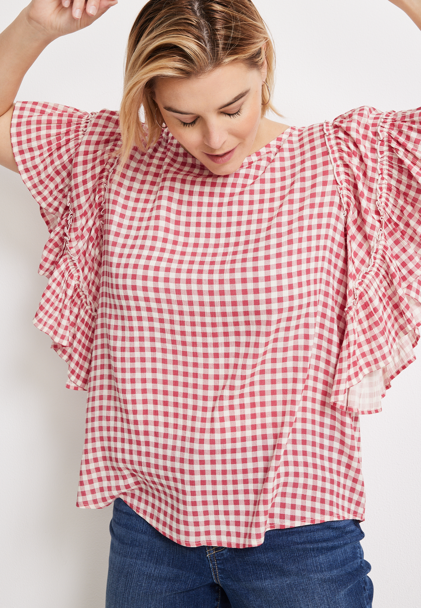 Plus Size Pink Gingham Flutter Sleeve Blouse, C5426, large
