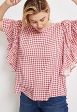 Plus Size Pink Gingham Flutter Sleeve Blouse, C5426, small