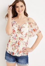 Floral Cold Shoulder Top, SOFT WHITE COMBO, small