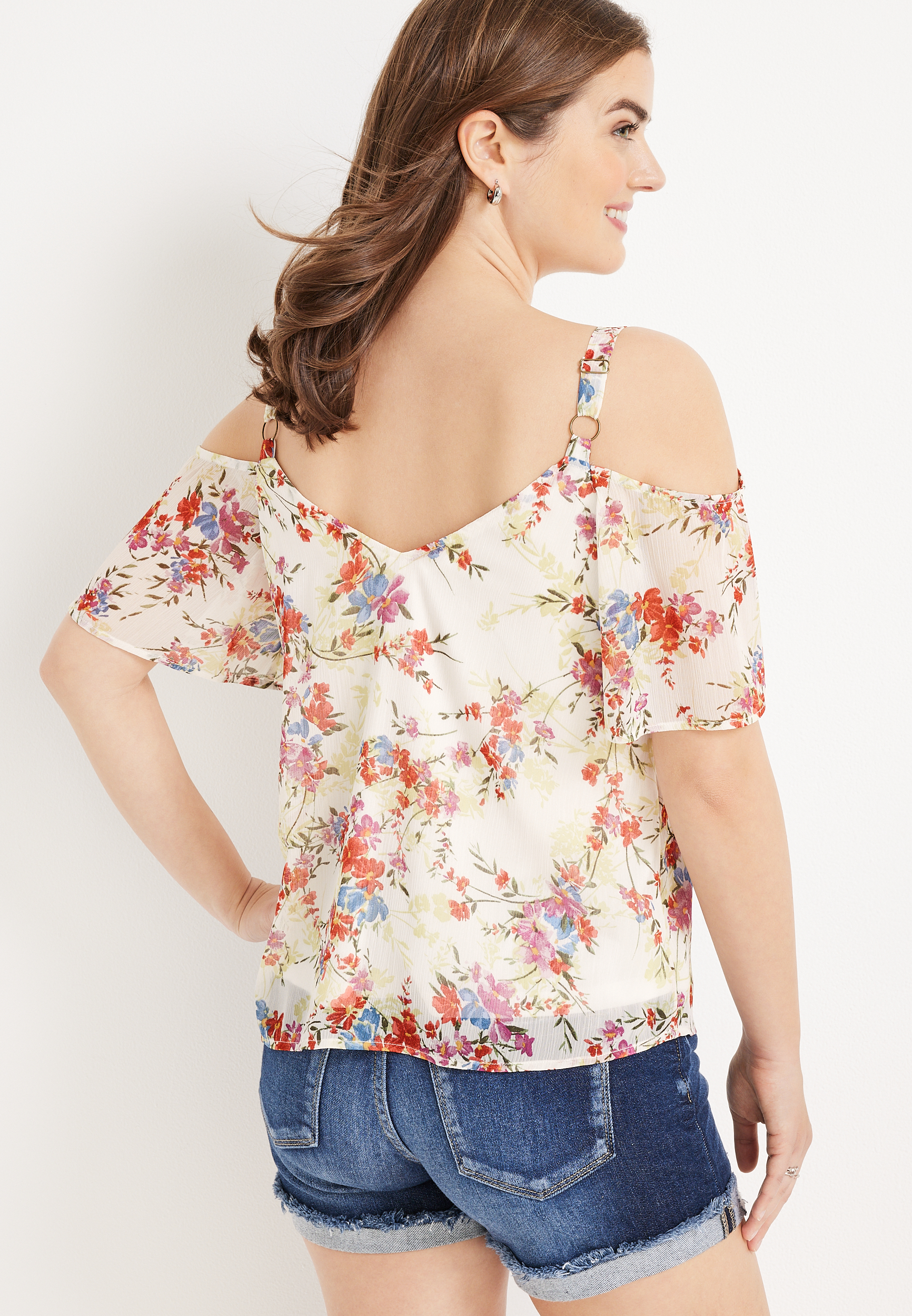 Floral Cold Shoulder Top, SOFT WHITE COMBO, large